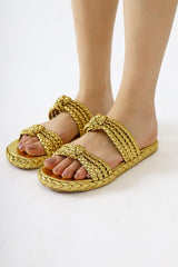 Nessa Gold Patent Leather Knitted Banded Slippers