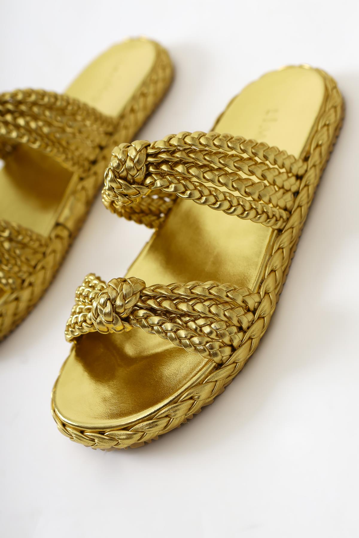 Nessa Gold Patent Leather Knitted Banded Slippers