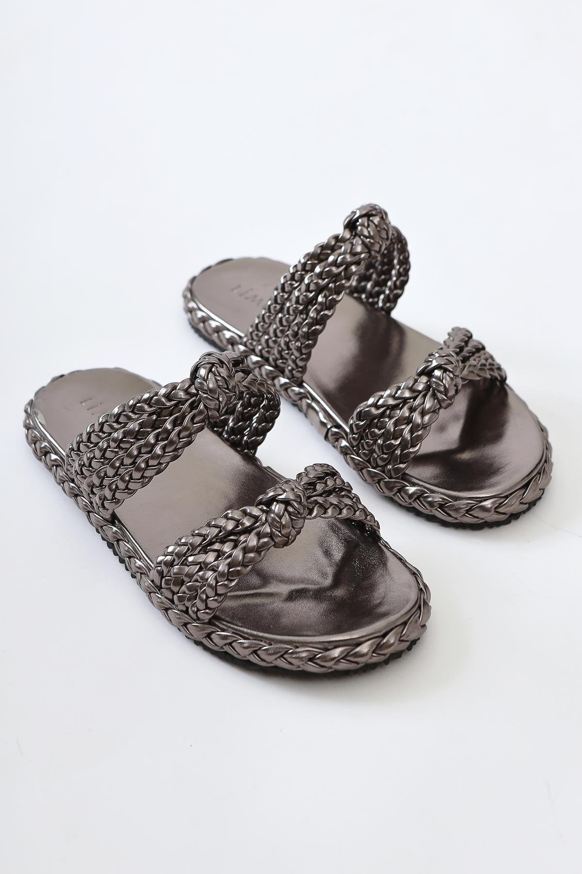 Nessa Platinum Patent Leather Knitted Banded Slippers