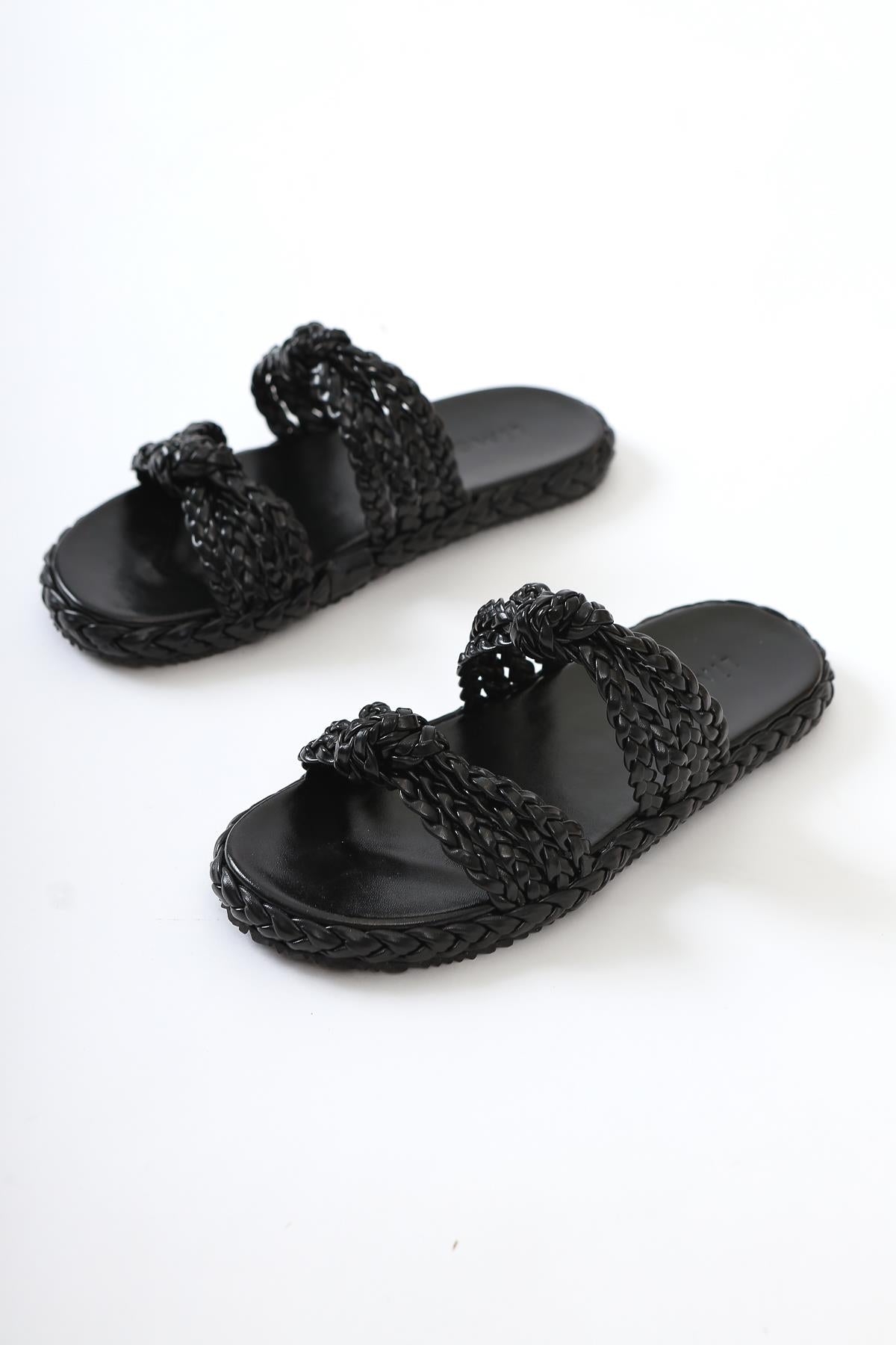 Nessa Black Patent Leather Knitted Banded Slippers