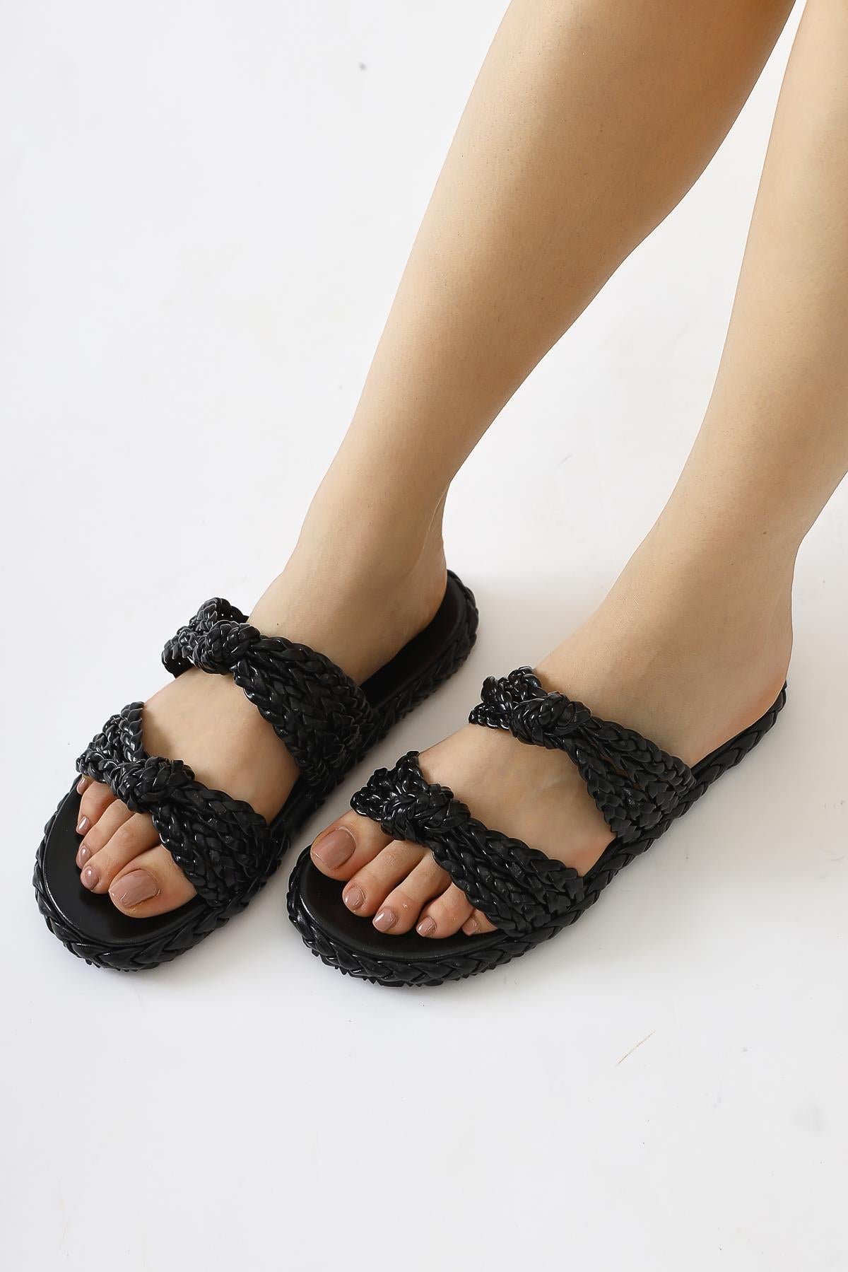 Nessa Black Patent Leather Knitted Banded Slippers