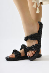 Nessa Black Patent Leather Knitted Banded Slippers