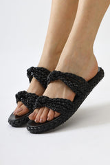 Nessa Black Patent Leather Knitted Banded Slippers