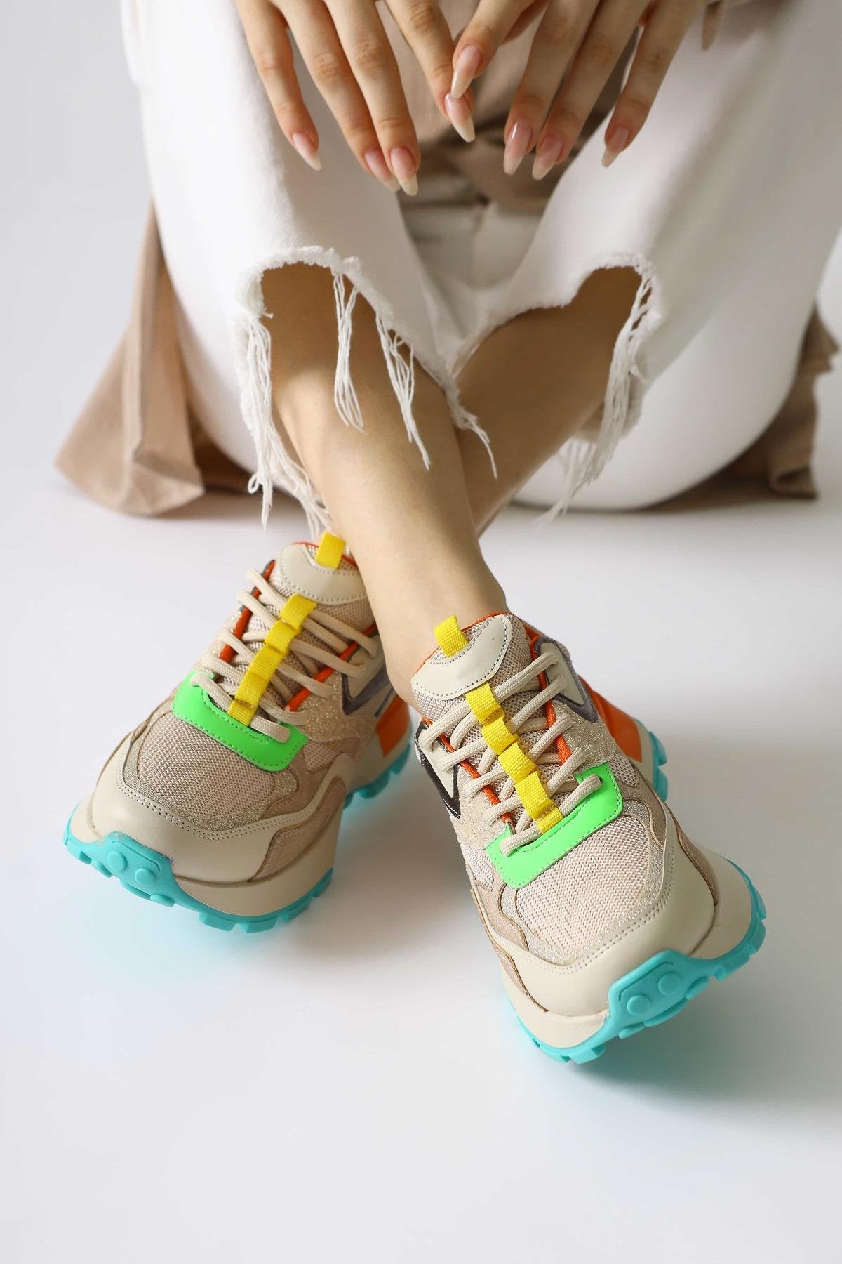 Netta Multicolored (Orange) Mesh Detailed Lace-Up Sneakers