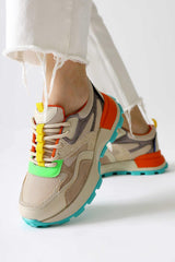 Netta Multicolored (Orange) Mesh Detailed Lace-Up Sneakers