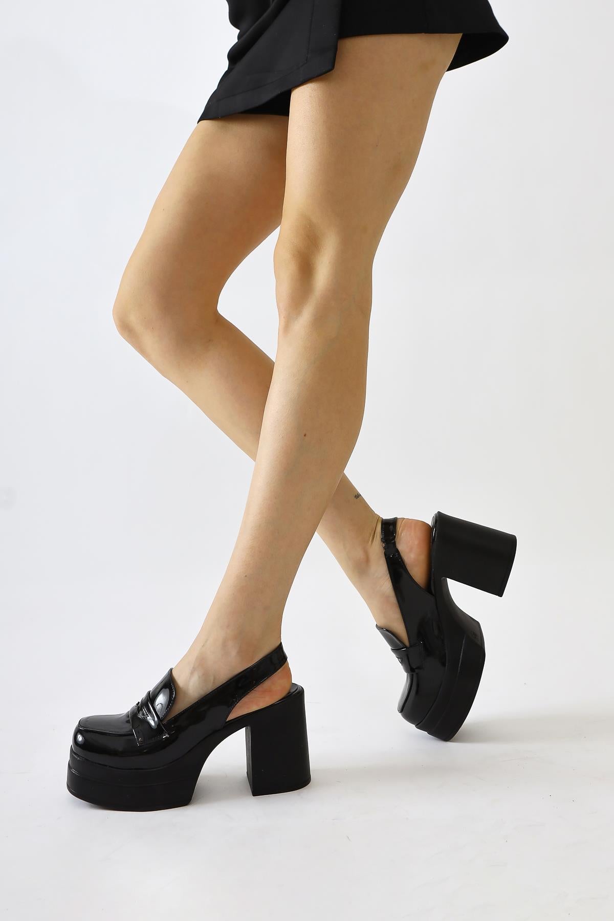 Neval Black Patent Leather Platform Heel Decollete Casual Shoes