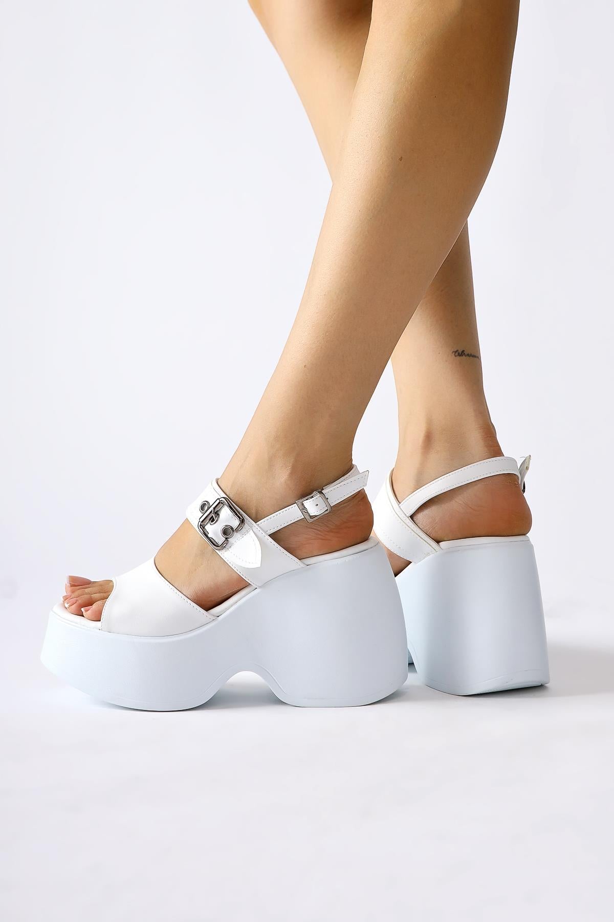 Nikta White Wedge Heeled Buckle Detailed Sandals