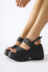 Nikta Black Wedge Heeled Buckle Detailed Sandals