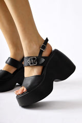 Nikta Black Wedge Heeled Buckle Detailed Sandals