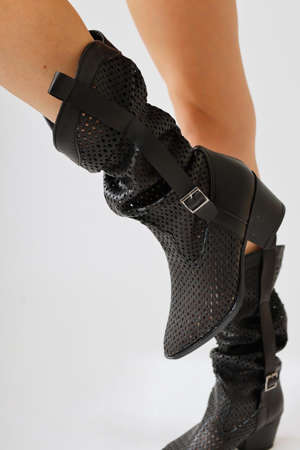 Orietta Black Laser Cut Gusseted Summer Boots