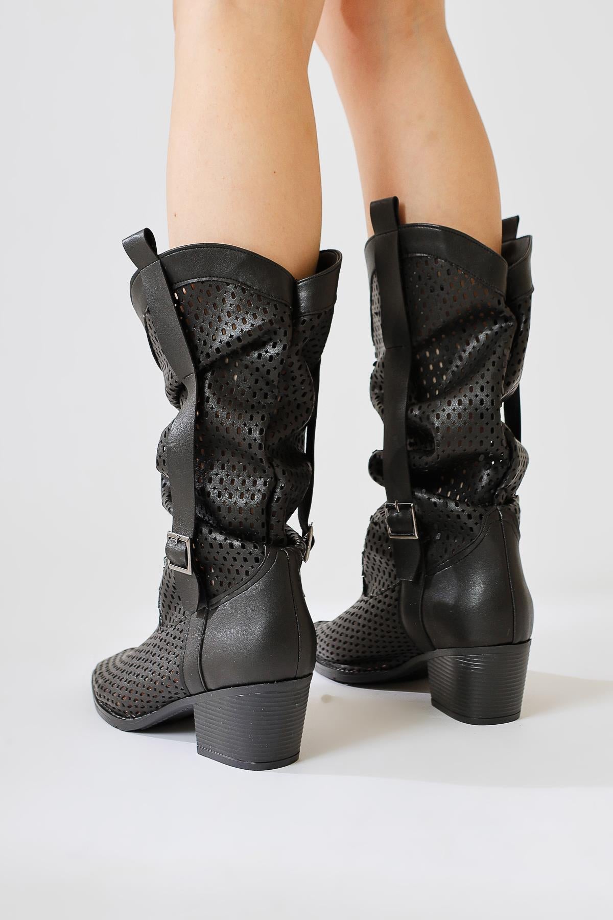 Orietta Black Laser Cut Gusseted Summer Boots