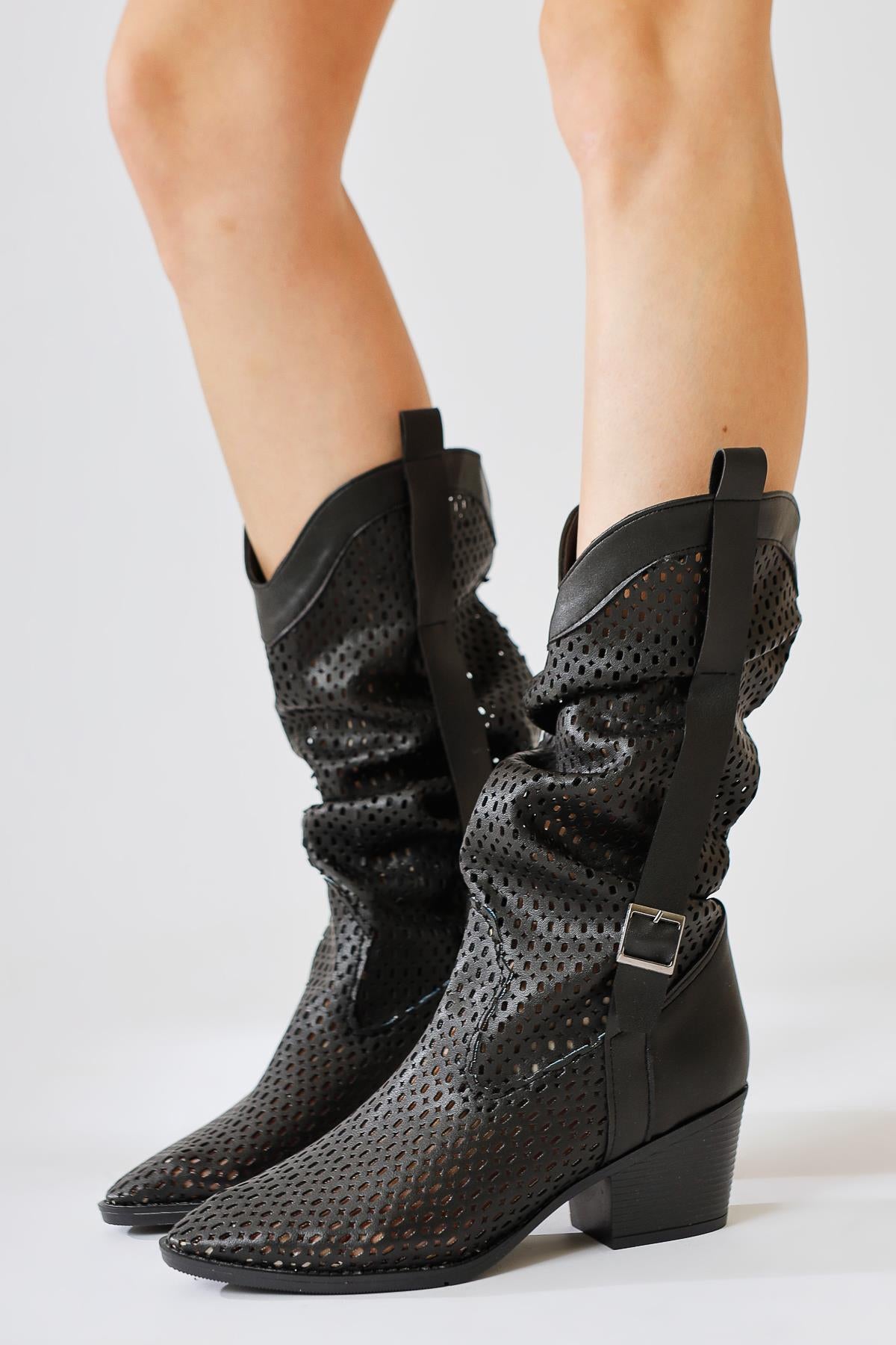 Orietta Black Laser Cut Gusseted Summer Boots