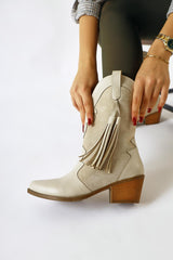 Pandorak Beige Suede Detailed Tassel Pointed Toe Western Boots