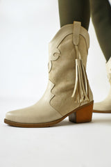 Pandorak Beige Suede Detailed Tassel Pointed Toe Western Boots