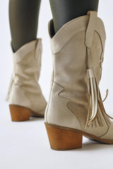 Pandorak Beige Suede Detailed Tassel Pointed Toe Western Boots