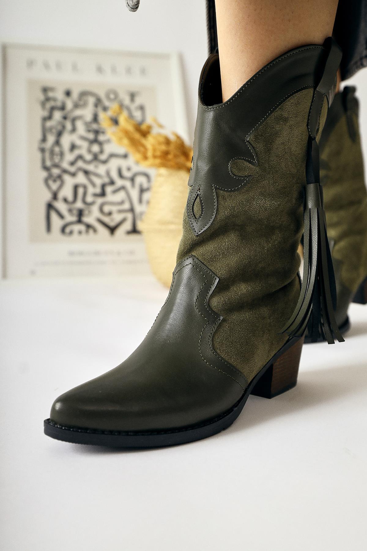 Pandorak Khaki Suede Detailed Tassel Pointed Toe Western Boots