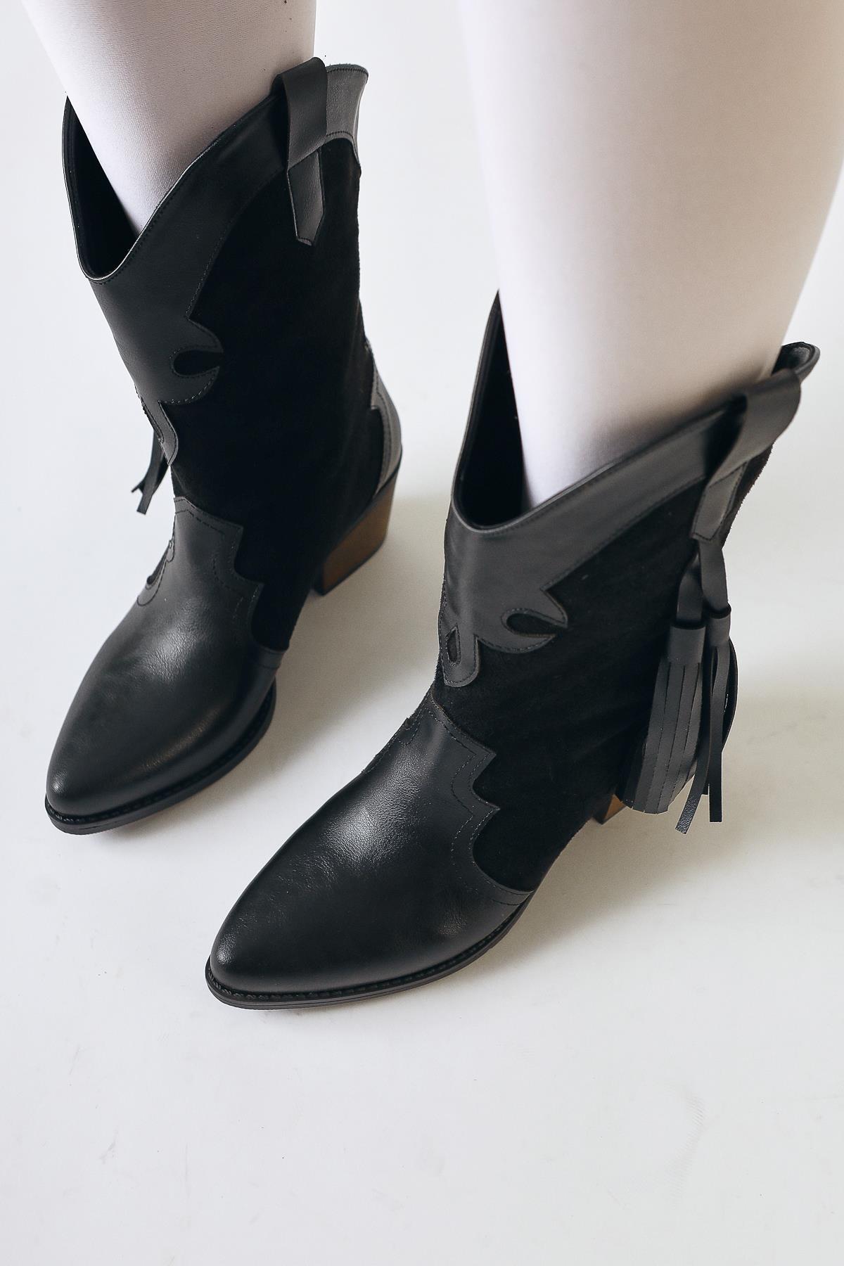 Pandorak Black Suede Detailed Tassel Pointed Toe Western Boots