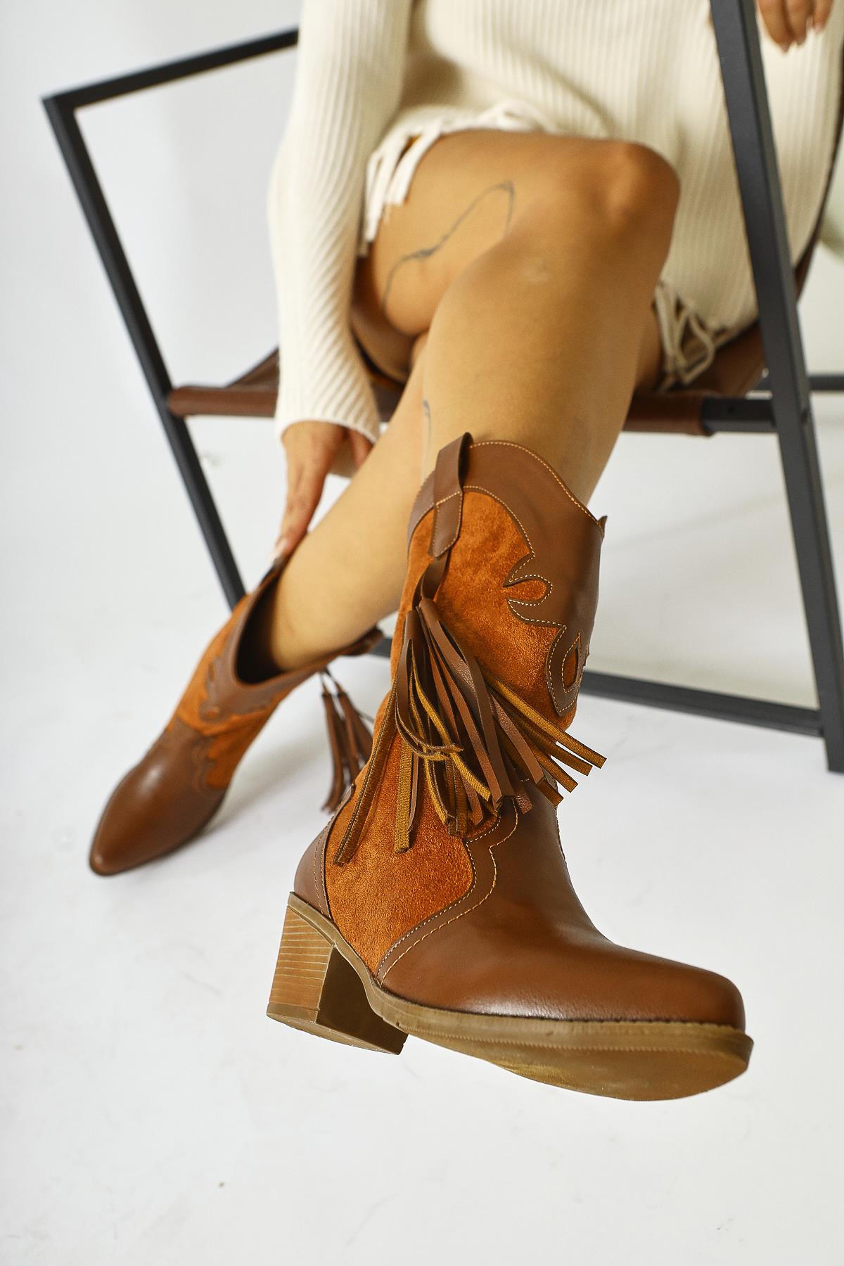 Pandorak Brown Suede Detailed Tassel Pointed Toe Western Boots