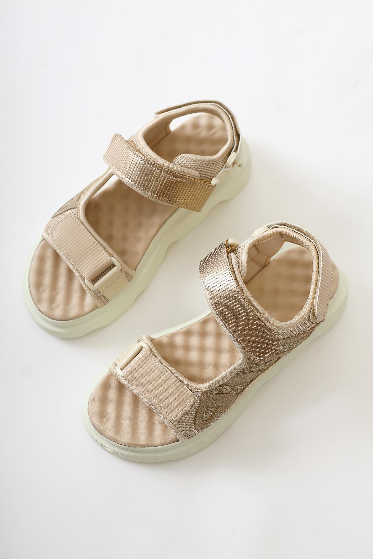 Quan Beige Glitter Detailed Velcro Comfortable Sole Sandals