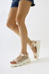 Quan Beige Glitter Detailed Velcro Comfortable Sole Sandals