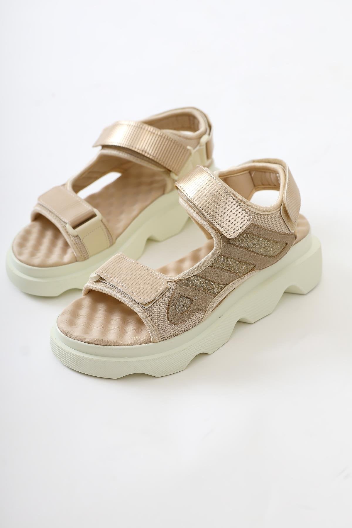 Quan Beige Glitter Detailed Velcro Comfortable Sole Sandals