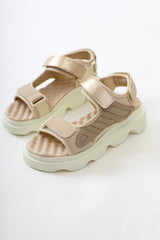 Quan Beige Glitter Detailed Velcro Comfortable Sole Sandals