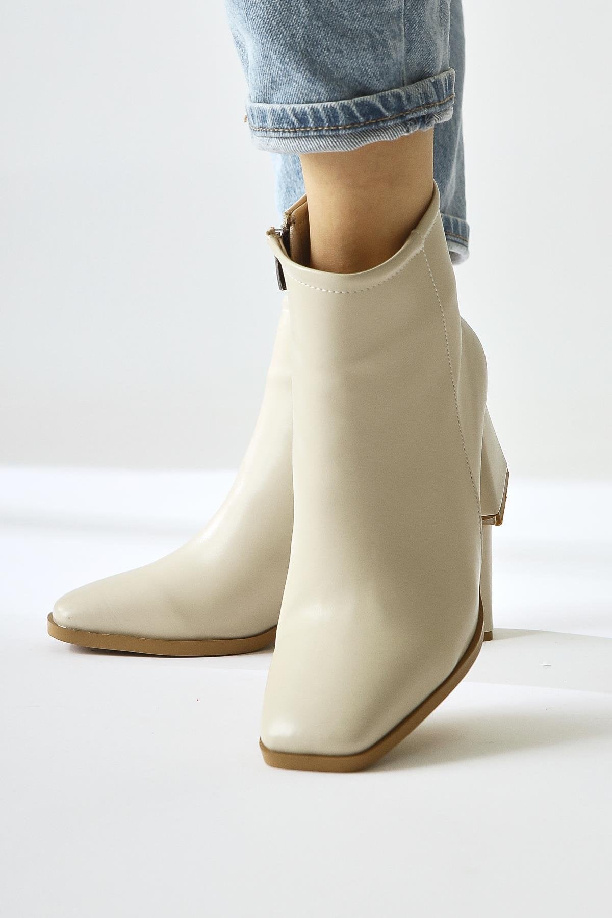 Ream Beige Pointed Toe Heeled Boots