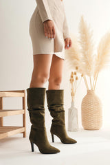 Rimaz Khaki Suede Gusseted Long Pointed Heel Boots