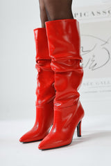 Rimaz Red Patent Leather Gusseted Long Pointed Heel Boots