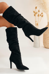 Rimaz Black Suede Gusseted Long Pointed Heel Boots