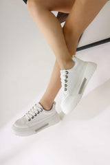 Rosella White Thick Soled Stone Detailed Lace-Up Sneakers