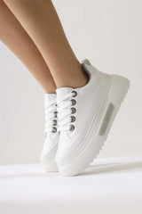 Rosella White Thick Soled Stone Detailed Lace-Up Sneakers