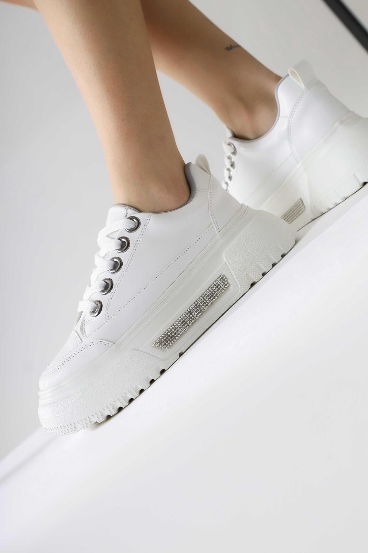 Rosella White Thick Soled Stone Detailed Lace-Up Sneakers