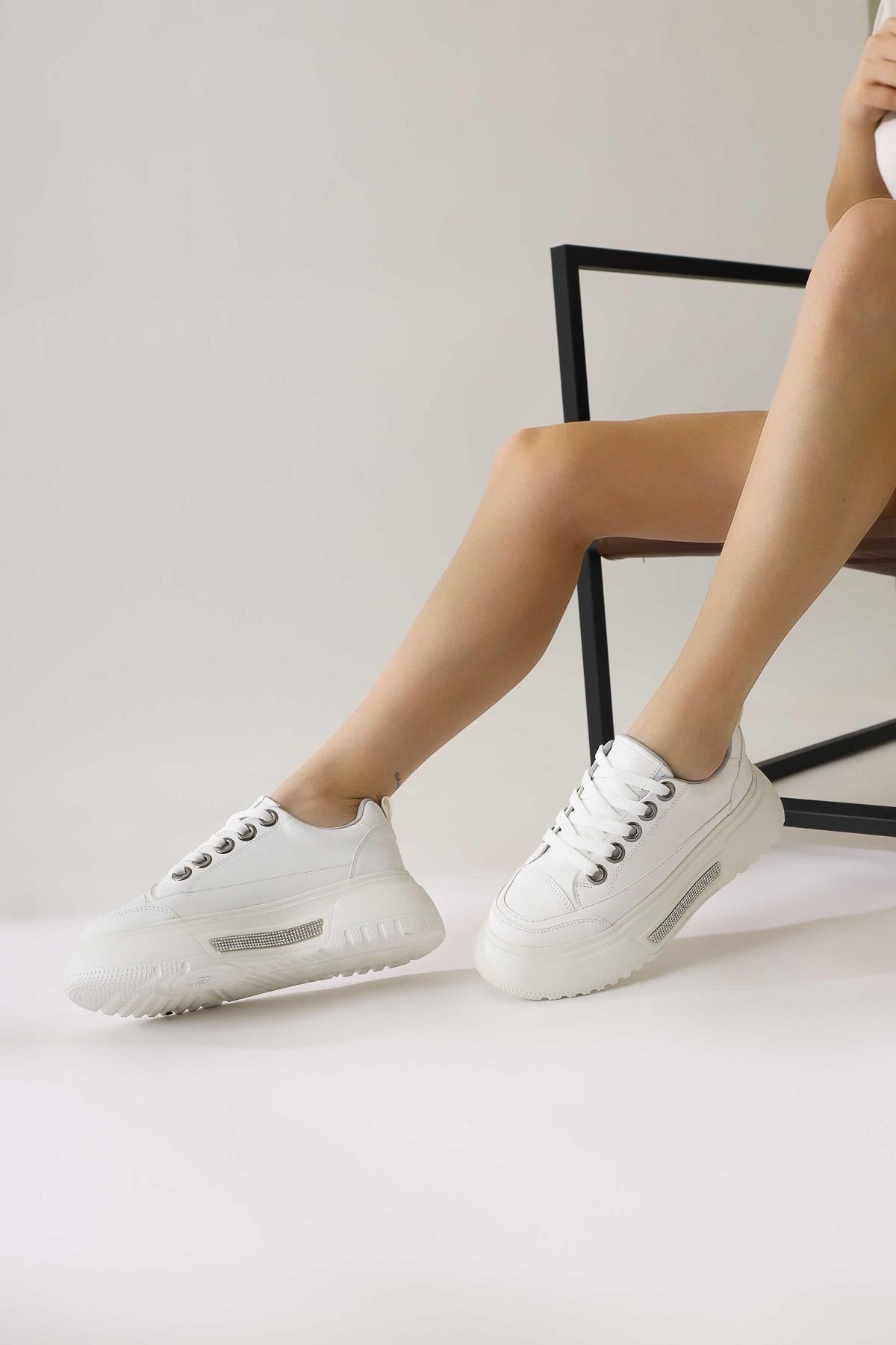 Rosella White Thick Soled Stone Detailed Lace-Up Sneakers