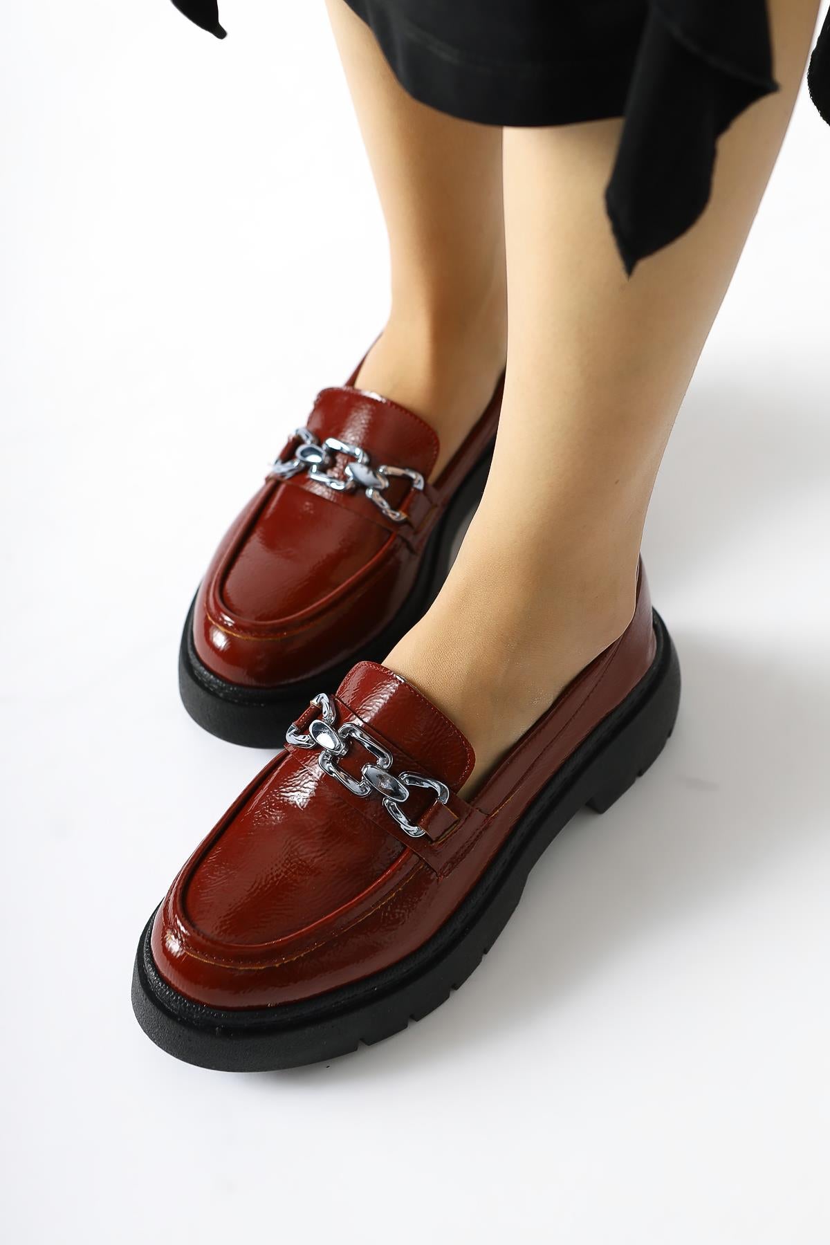 Roxne Claret Red Wrinkled Patent Leather Buckle Detailed Loafers