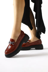 Roxne Claret Red Wrinkled Patent Leather Buckle Detailed Loafers