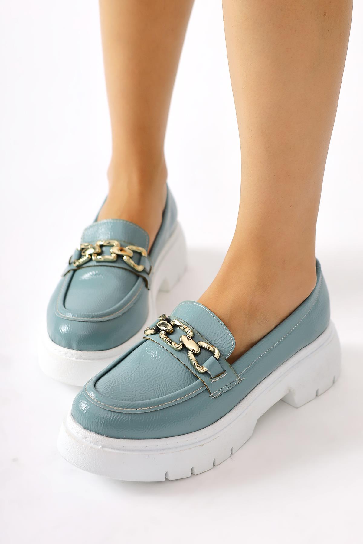 Roxne Turquoise Crinkle Patent Leather Buckle Detailed Loafers