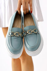 Roxne Turquoise Crinkle Patent Leather Buckle Detailed Loafers