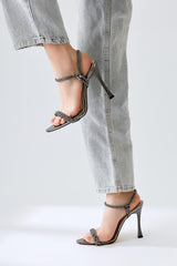 Rose Platinum Stone Thin Stone Strapped Pointed Toe Thin Heel Sandals