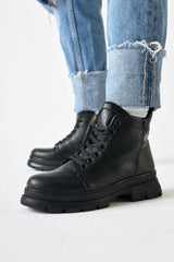 Sanit Black Oval Toe Lace-Up Boots