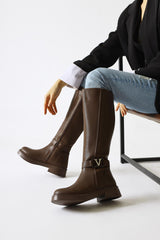 Senita Brown Buckle Detailed Zippered Boots