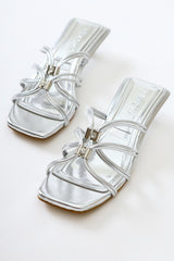 Seyda Silver Patent Leather Thin Strap Stone Detailed Short Heeled Slippers