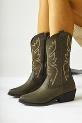 Sirinya Khaki Pointed Toe Embroidered Western Boots