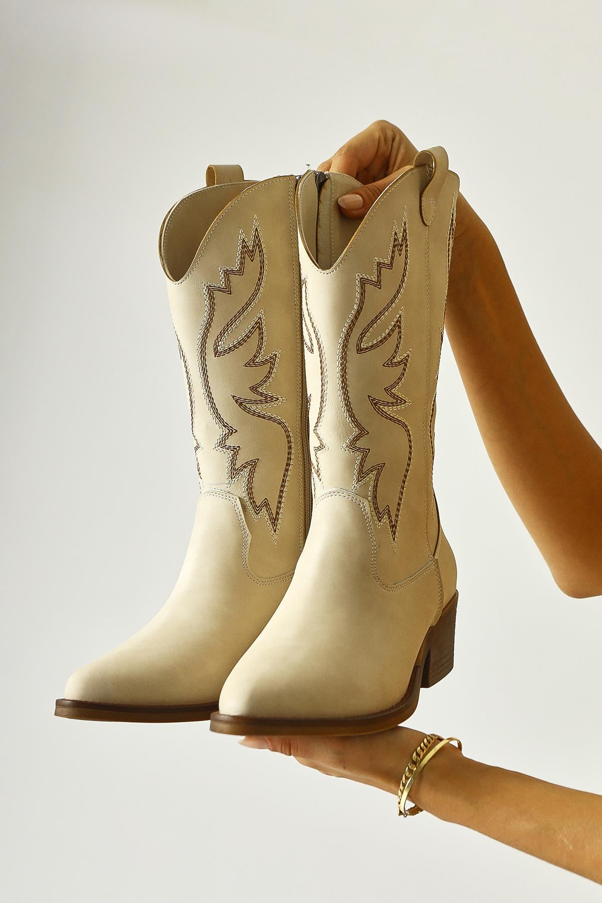 Sirinya Cream Pointed Toe Embroidered Western Boots