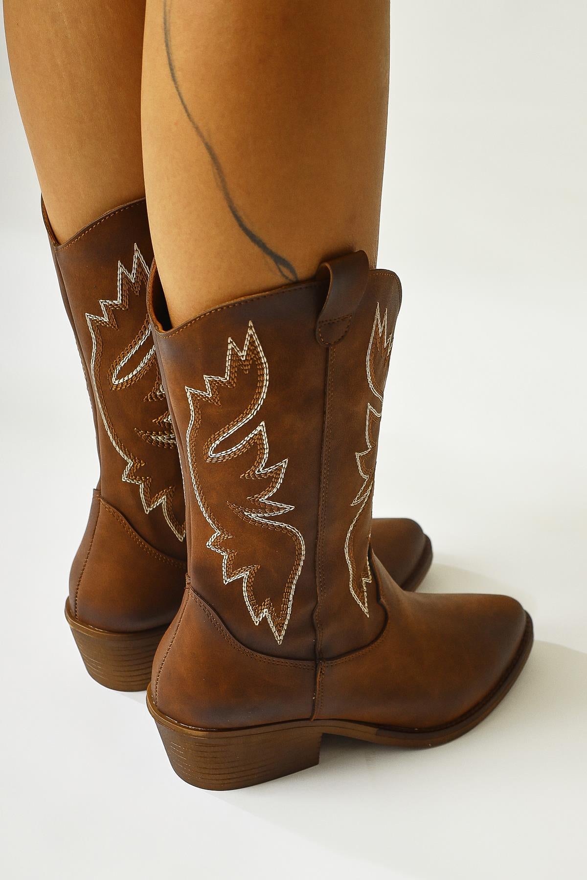 Sirinya Tan Pointed Toe Embroidered Western Boots