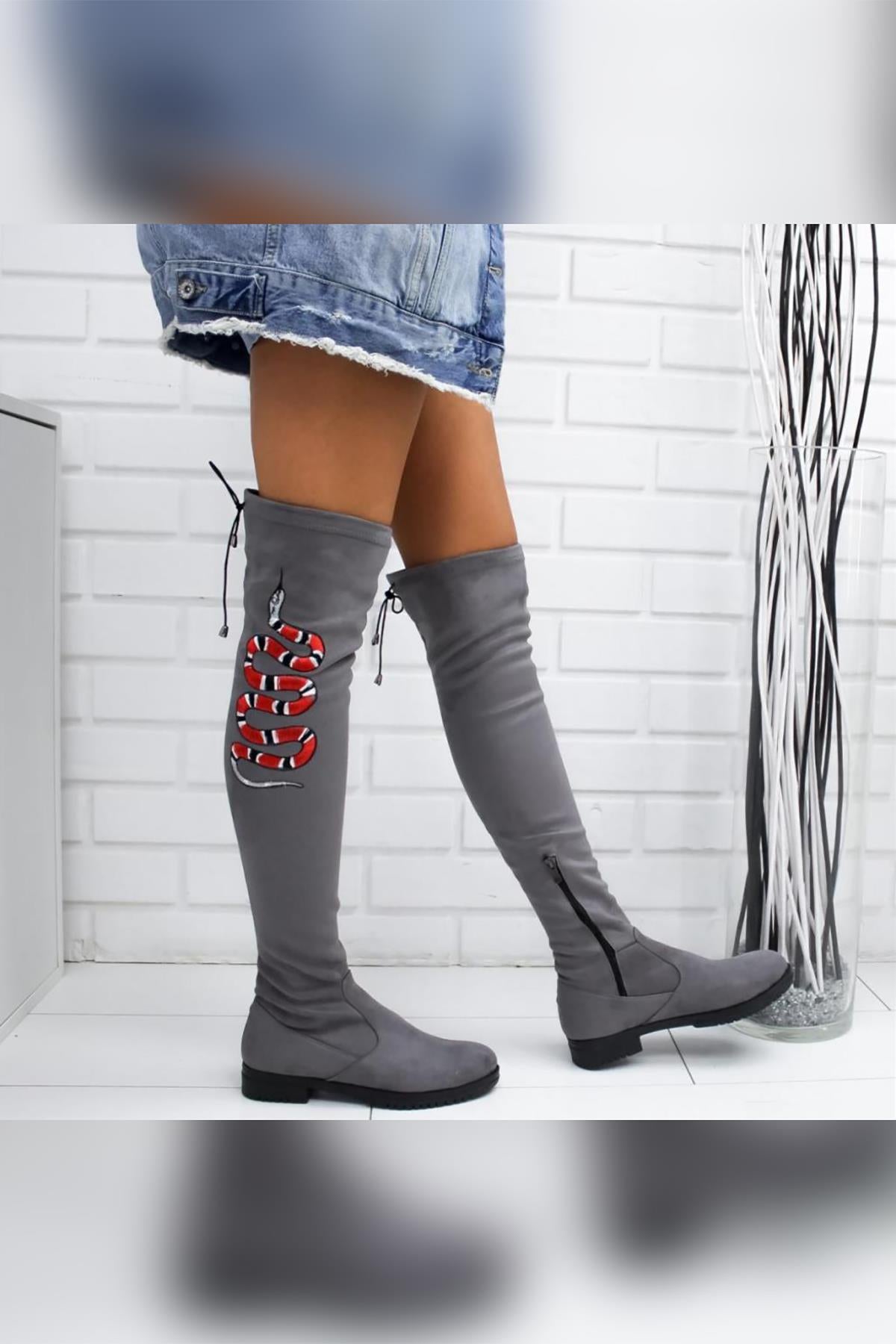 Sky Grey Suede Snake Embroidered Flat Sole Over The Knee Stretch Boots