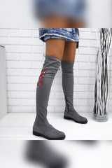 Sky Grey Suede Snake Embroidered Flat Sole Over The Knee Stretch Boots