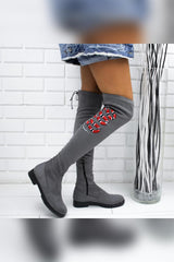 Sky Grey Suede Snake Embroidered Flat Sole Over The Knee Stretch Boots