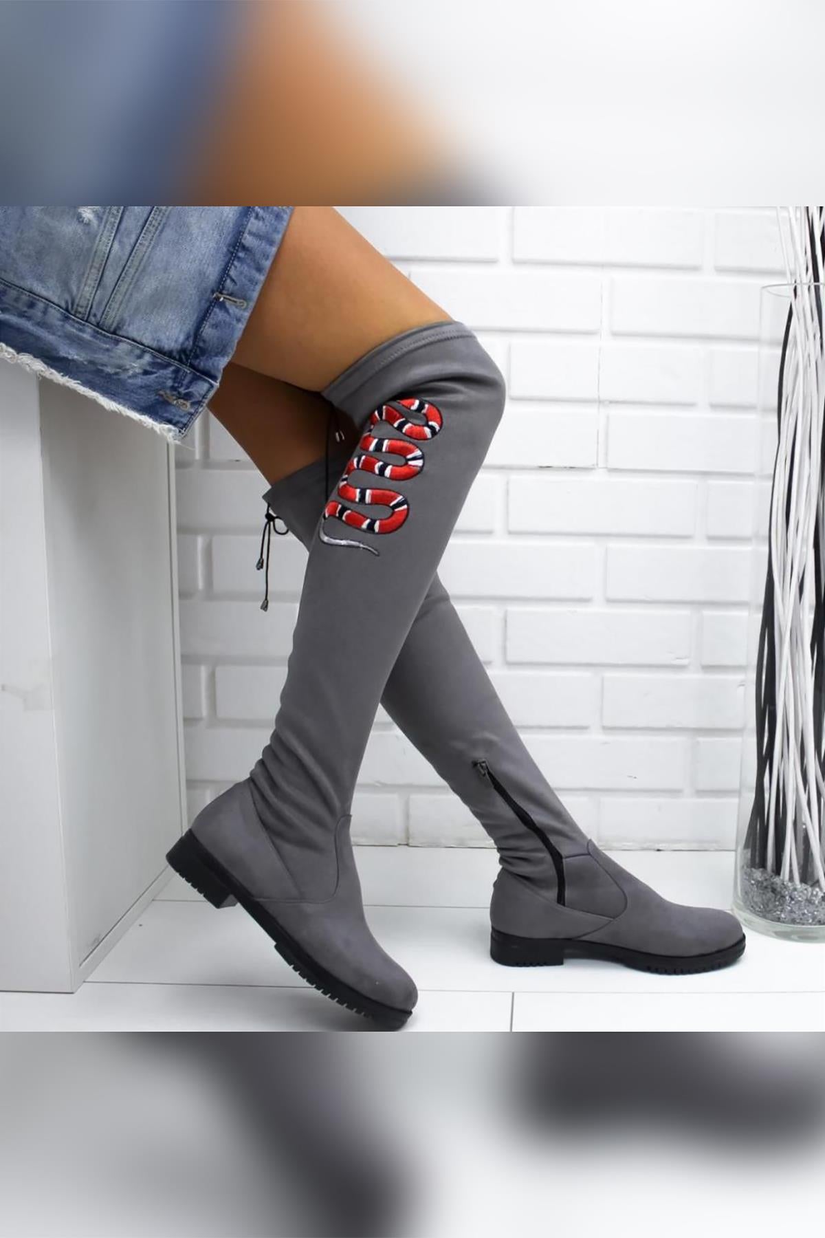 Sky Grey Suede Snake Embroidered Flat Sole Over The Knee Stretch Boots