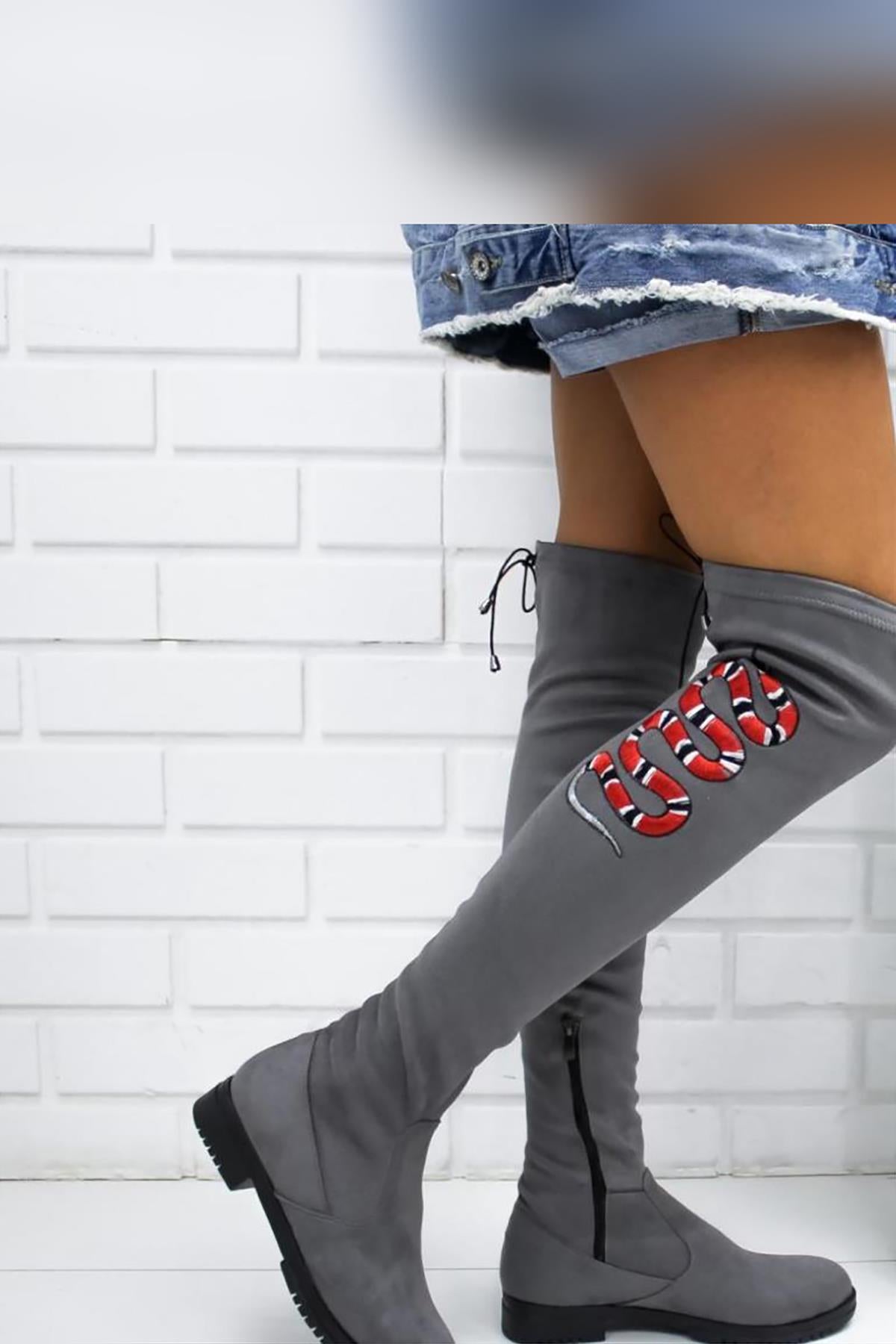 Sky Grey Suede Snake Embroidered Flat Sole Over The Knee Stretch Boots